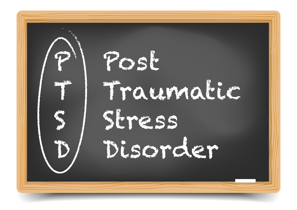 ptsd, post traumatic stress disorder  written on a chalk board
