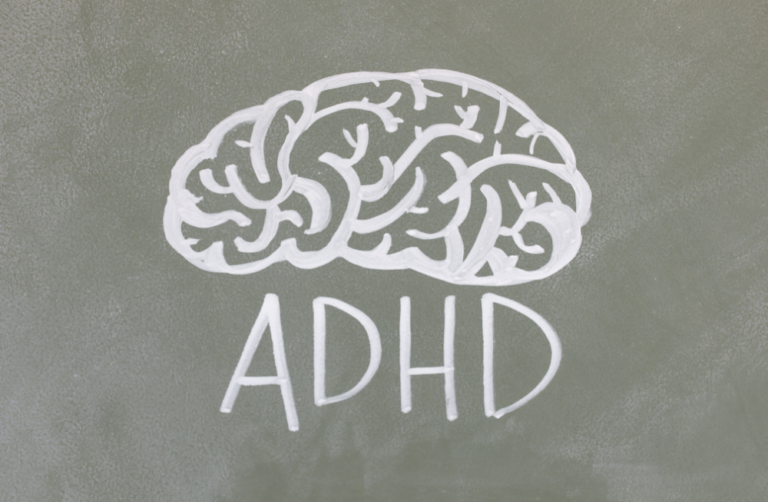ADHD Diagnosis - brain with ADHD caption painted on a grey wall