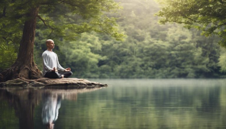 Stress management - man meditating in a forest by a lake